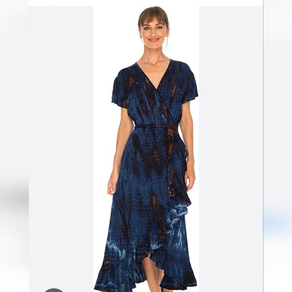 Elegant Blue Tie-Dye Wrap Dress